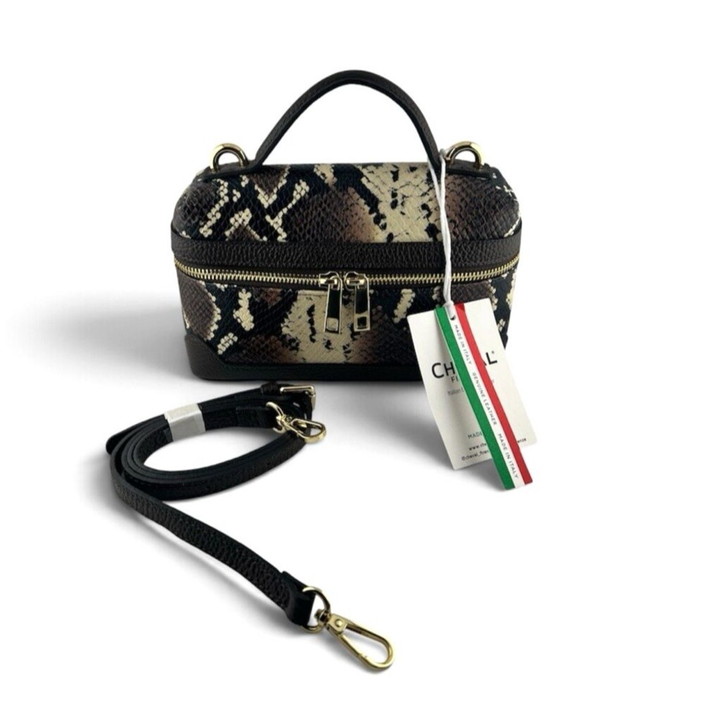 NWT Cheval Firenze Italian Leather Vanity Bag Snakeskin Print Crossbody Brown